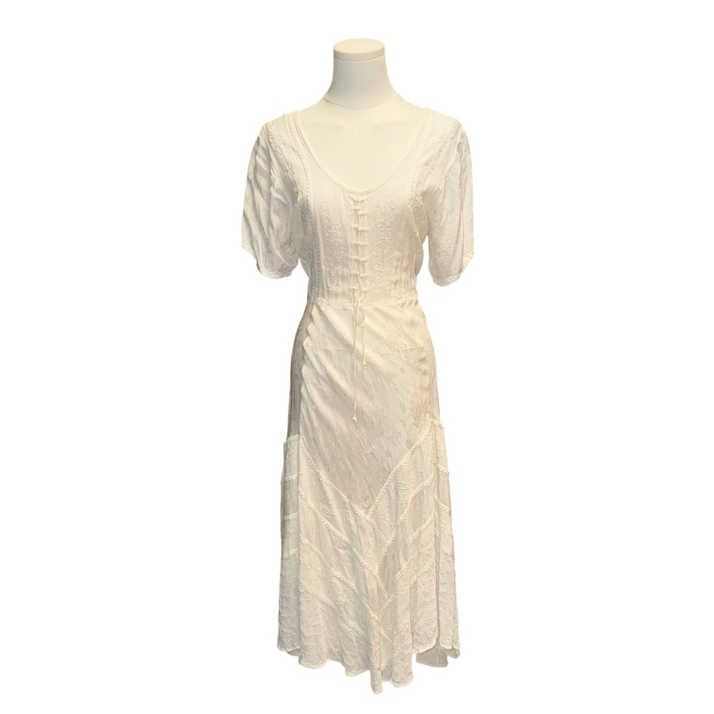 My Choice Midi Dress Womens L Cream Good Boho Embroidered Lace Up Rayon